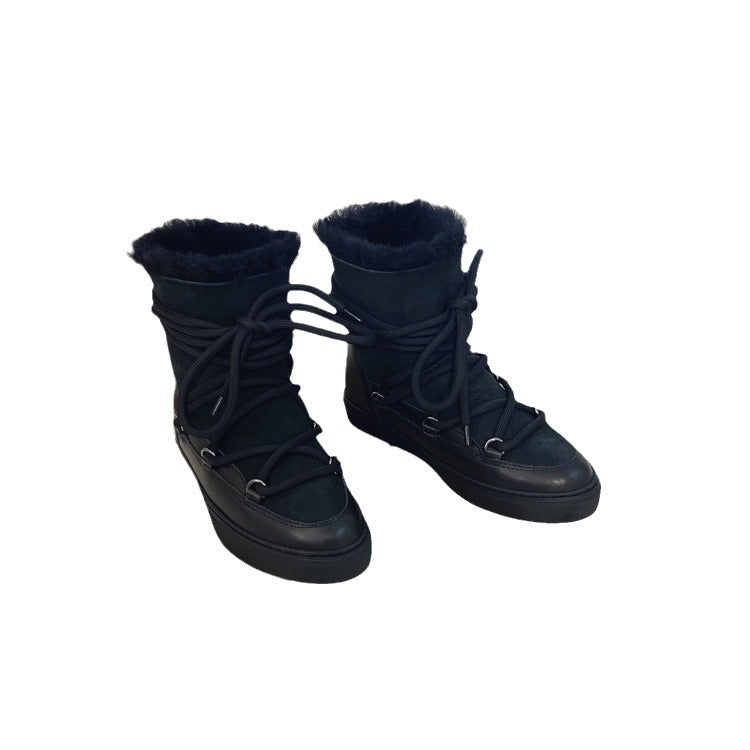 Leather Boots Black Round Toe Thick Bottom Ankle Snow Boots 2023 Winter Warm Wool inside Lace up Motorcycle Boots