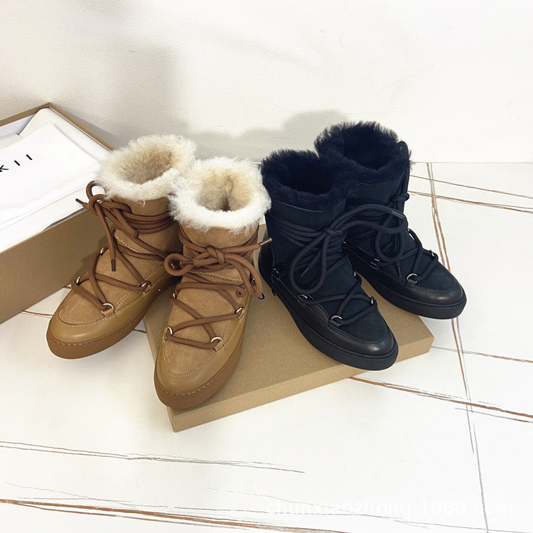 Leather Boots Black Round Toe Thick Bottom Ankle Snow Boots 2023 Winter Warm Wool inside Lace up Motorcycle Boots